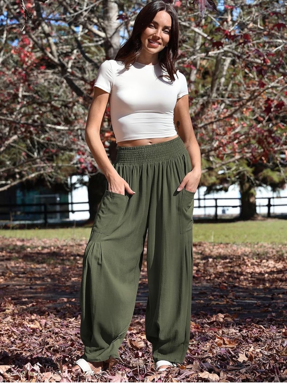 Olive Green Tapered Wide-Leg Pants w Large Side Pockets. Wide elastic waistband - Picture 2 of 12